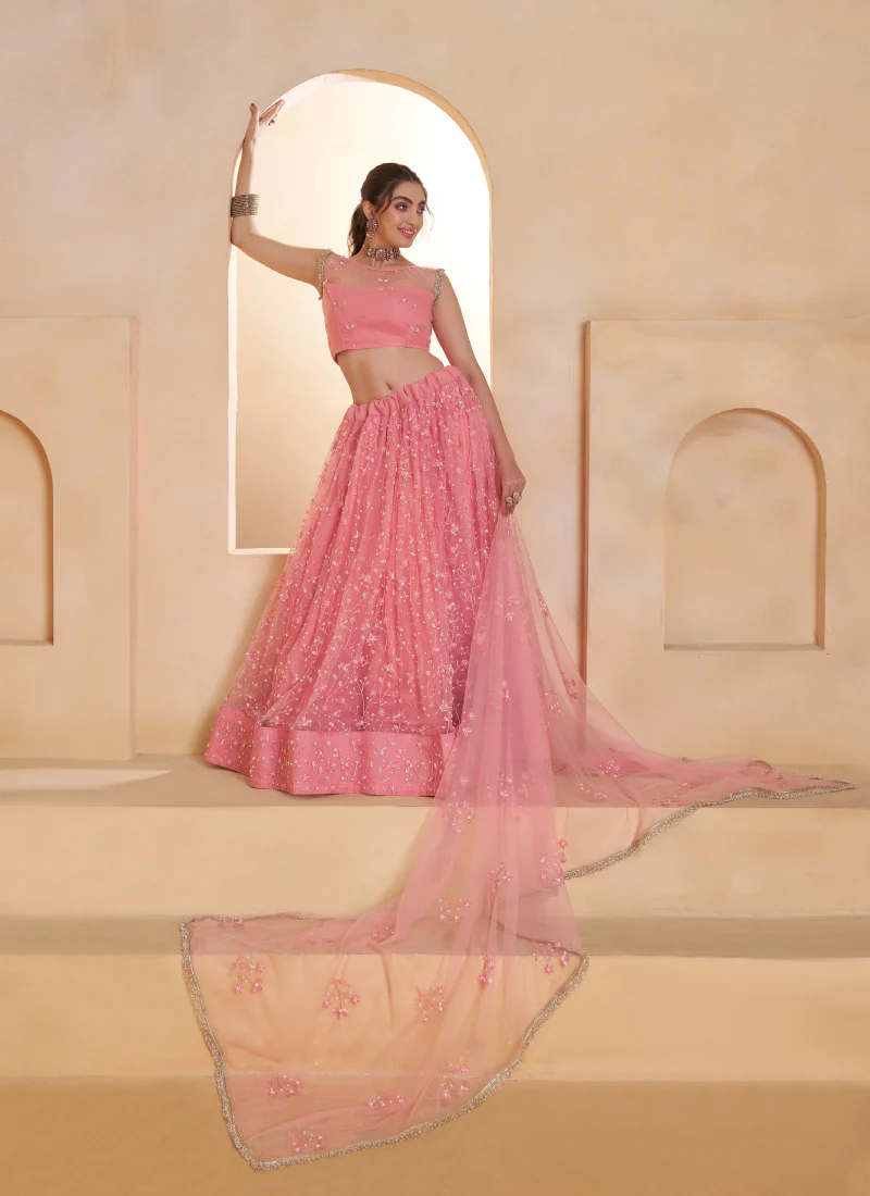 Light Pink Beats Embroidered Work Net Lehenga Choli For Dupatta - Image 6