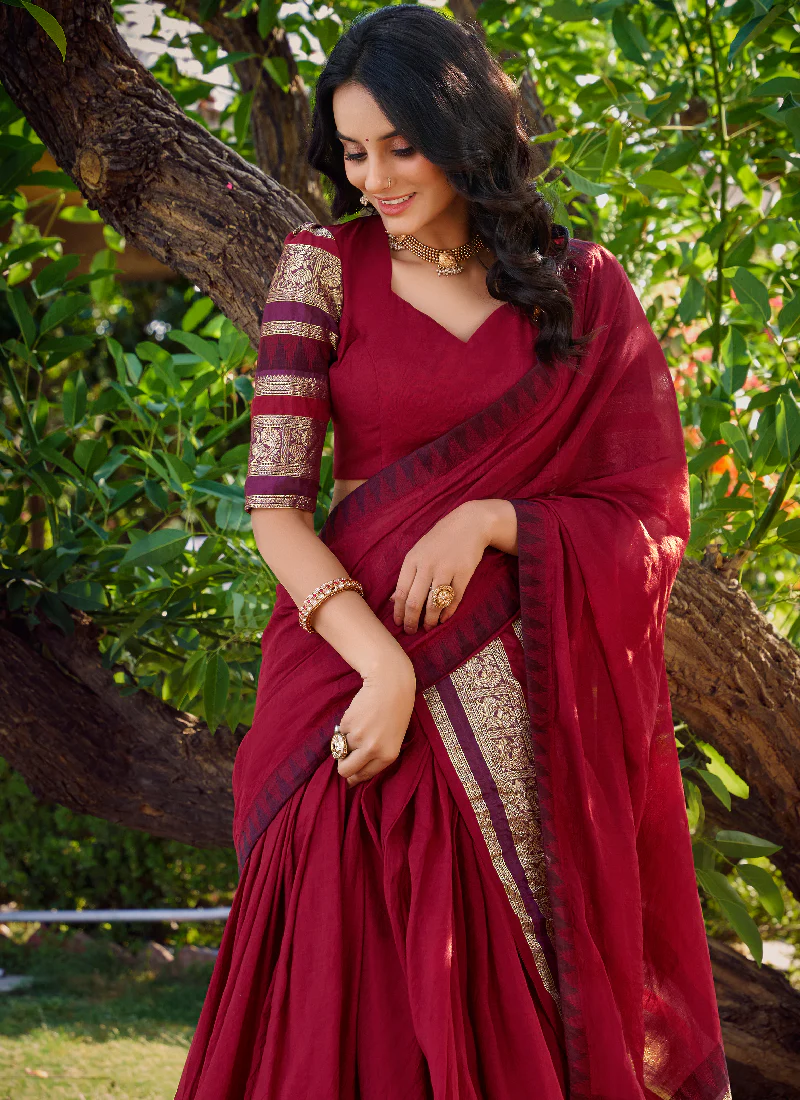 Maroon Zari Weaving Work Silk South Indian Style Half Saree Lehenga - Image 2