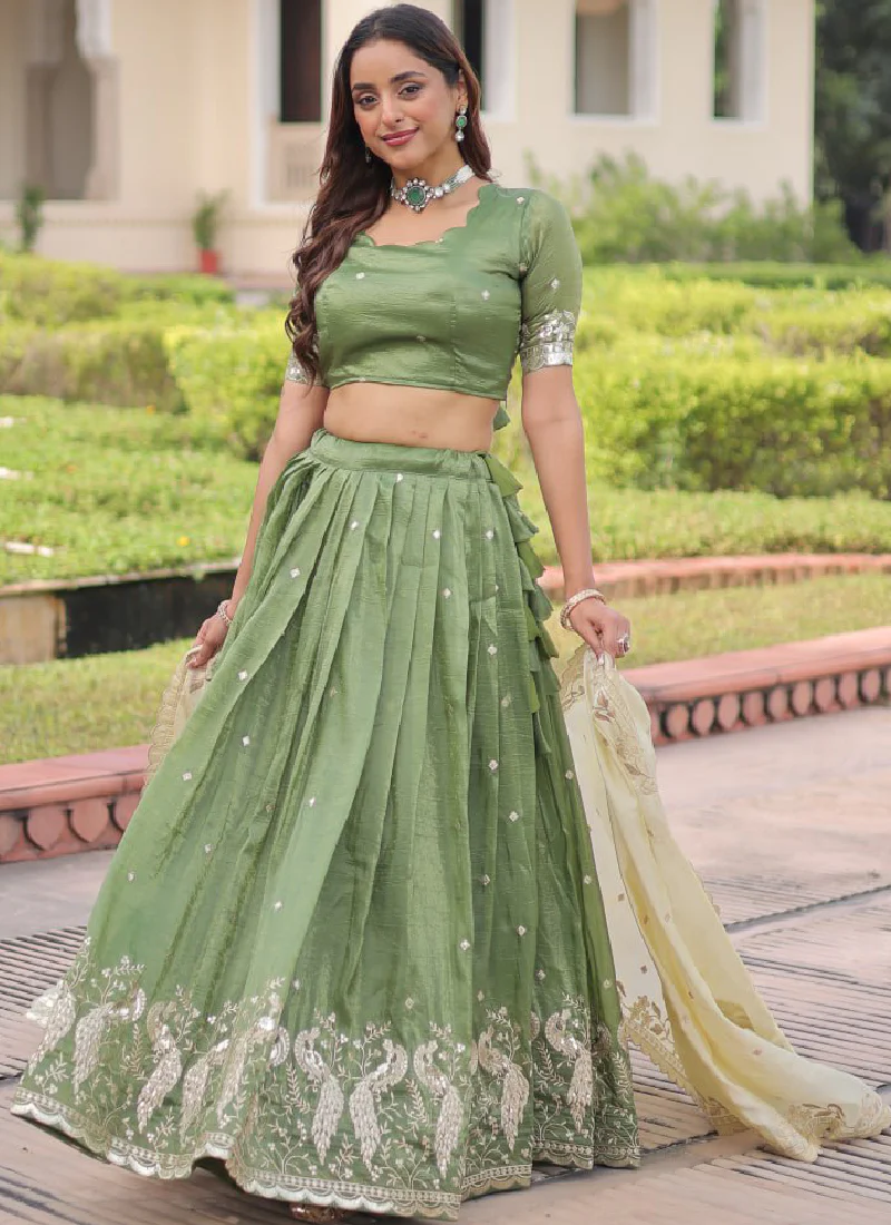 Marvellous Zari Embroidered Gold Crush Green Lehenga Choli For Women - Image 5