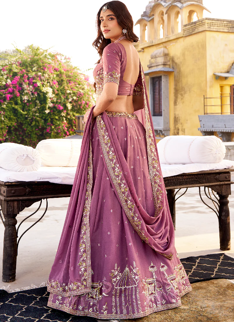 Marvelous Chocolate Crush Lavender Wedding Wear Embroidered Lehenga - Image 5