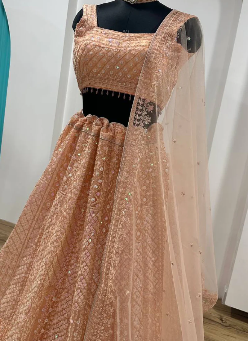 Marvelous Thread Sequence Work Peach Net Lehenga Choli For Wedding - Image 7