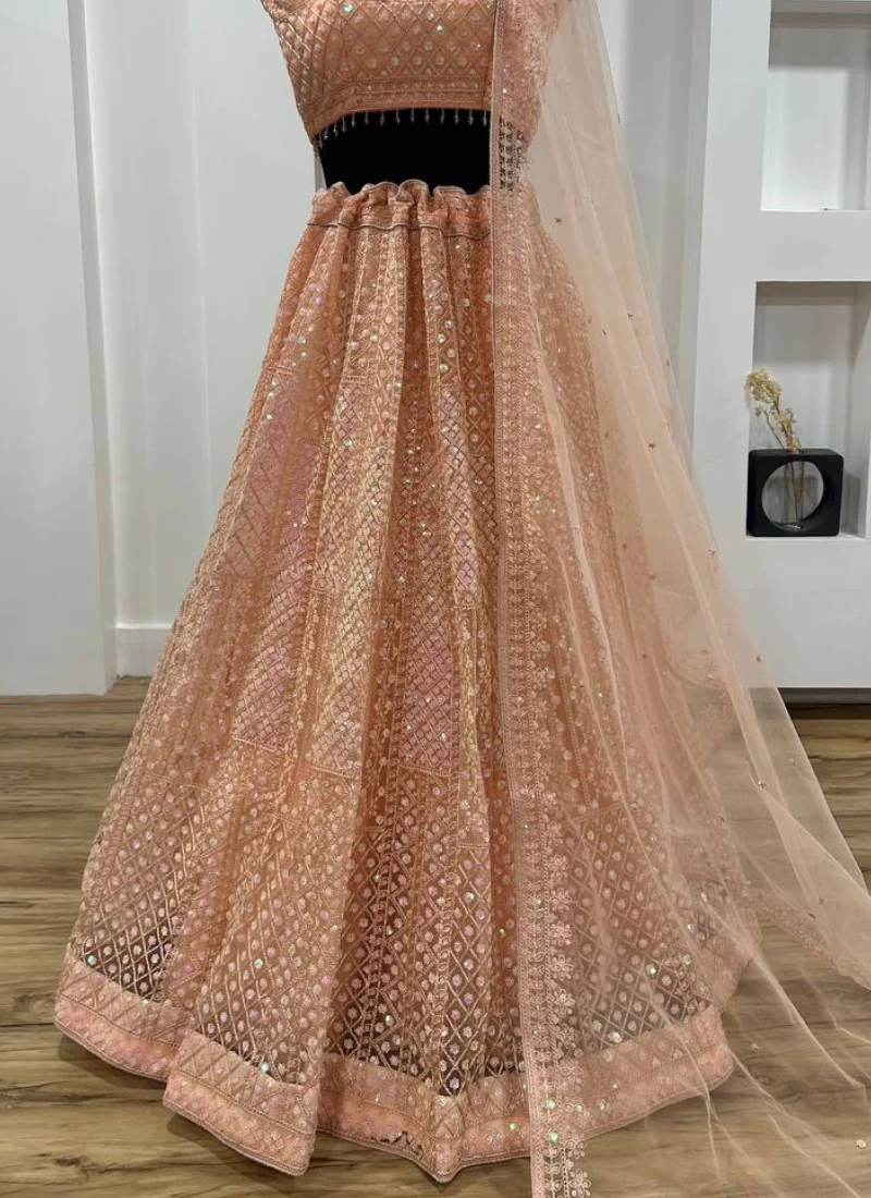 Marvelous Thread Sequence Work Peach Net Lehenga Choli For Wedding - Image 9