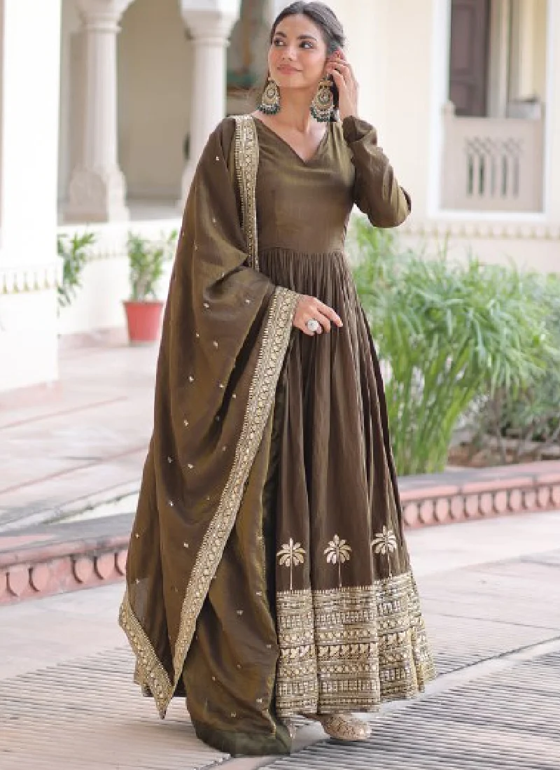Mehendi Function Special Embroidered Green Vichitra Silk Anarkali Set - Image 6