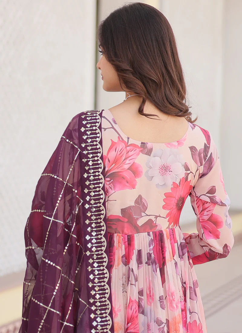 Memorable Digital Printed Silk Off White Anarkali Gown With Dupatta - Image 10