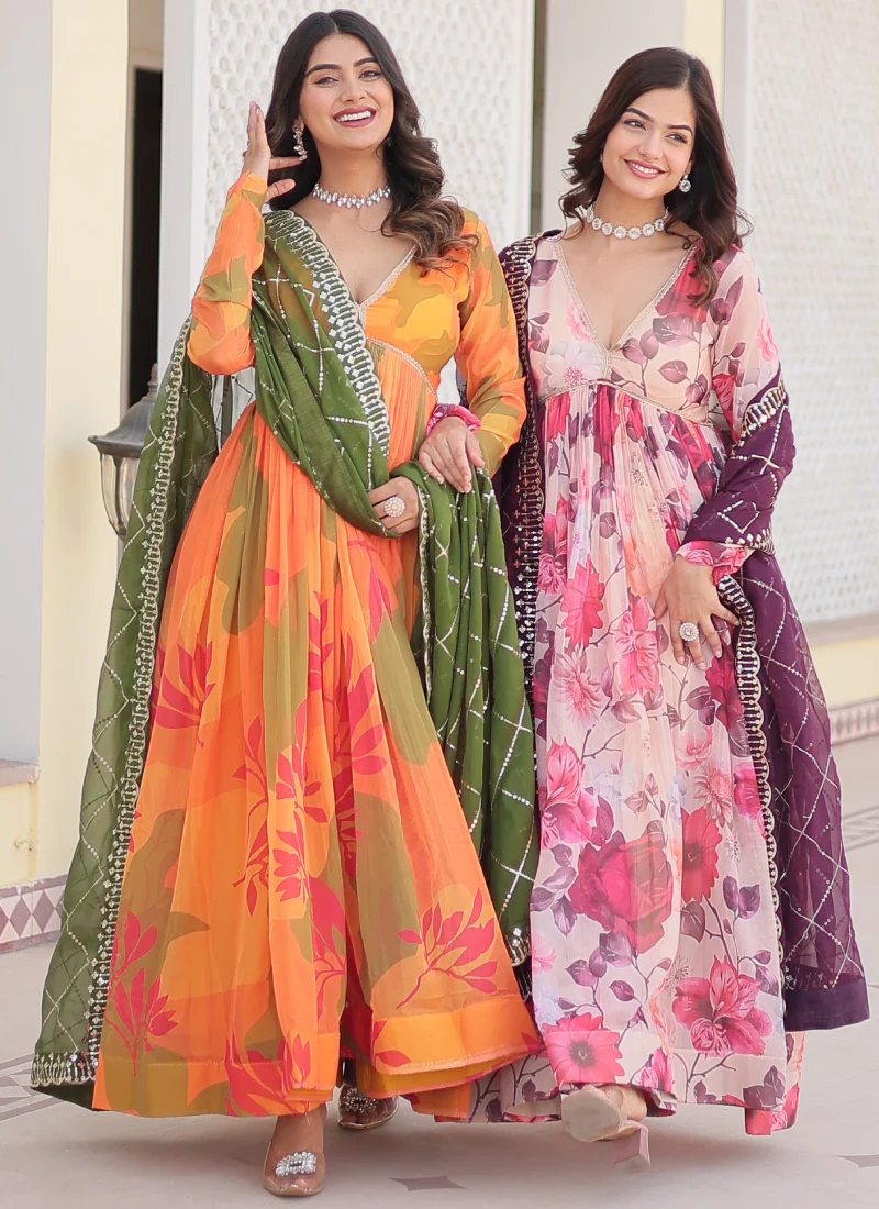 Memorable Digital Printed Silk Off White Anarkali Gown With Dupatta - Image 12