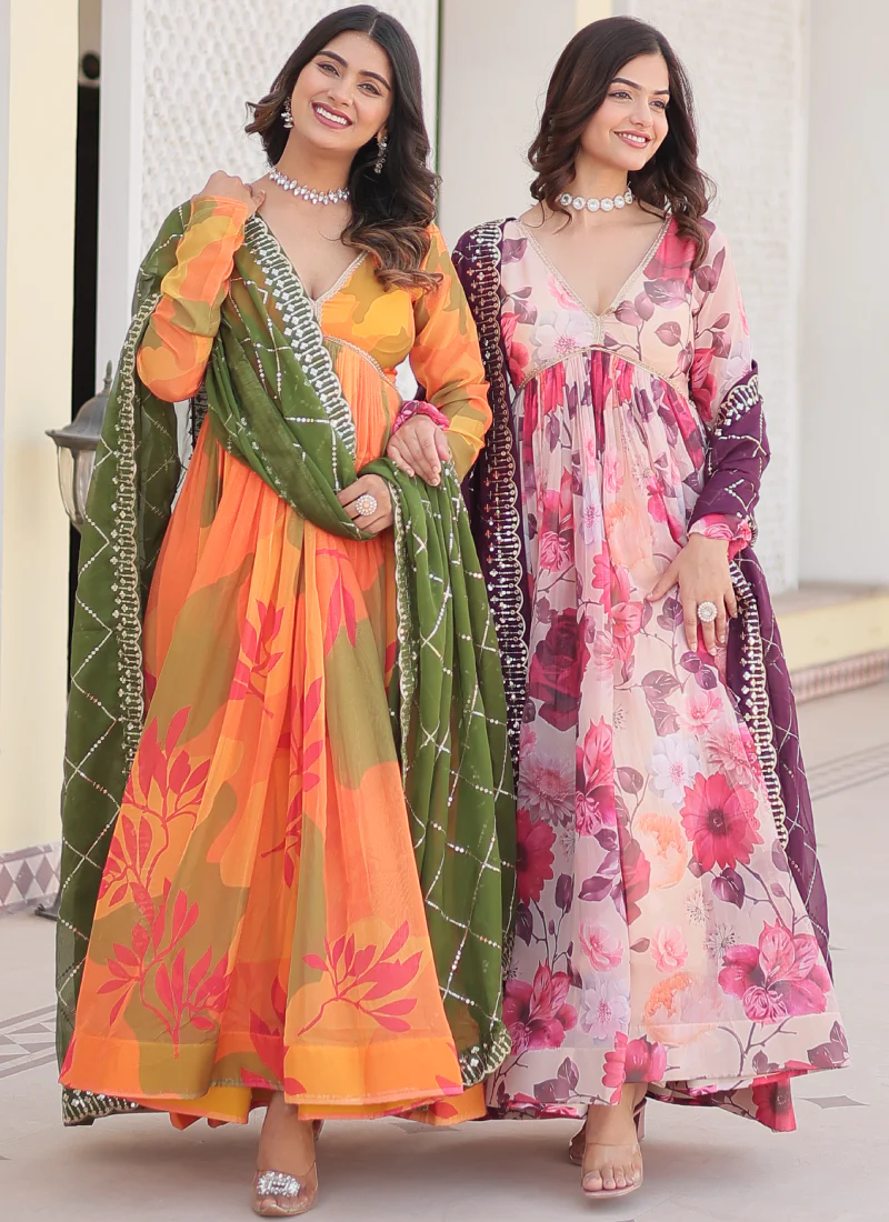 Memorable Digital Printed Silk Off White Anarkali Gown With Dupatta - Image 13
