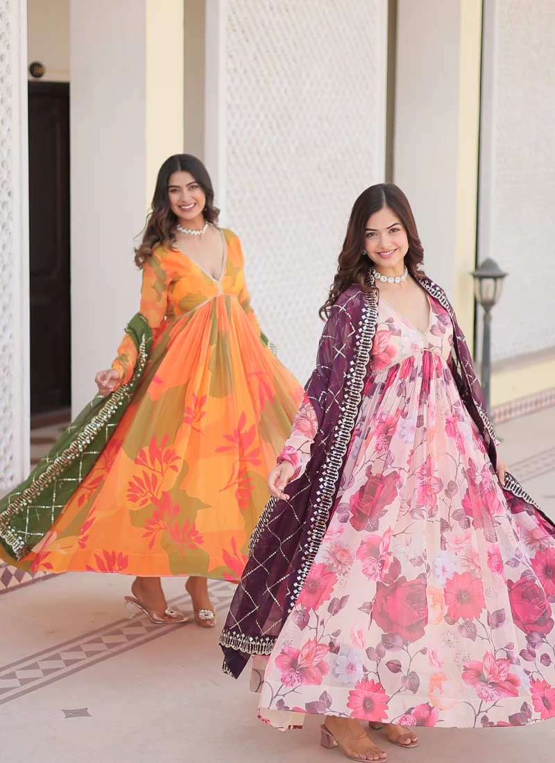 Memorable Digital Printed Silk Off White Anarkali Gown With Dupatta - Image 18