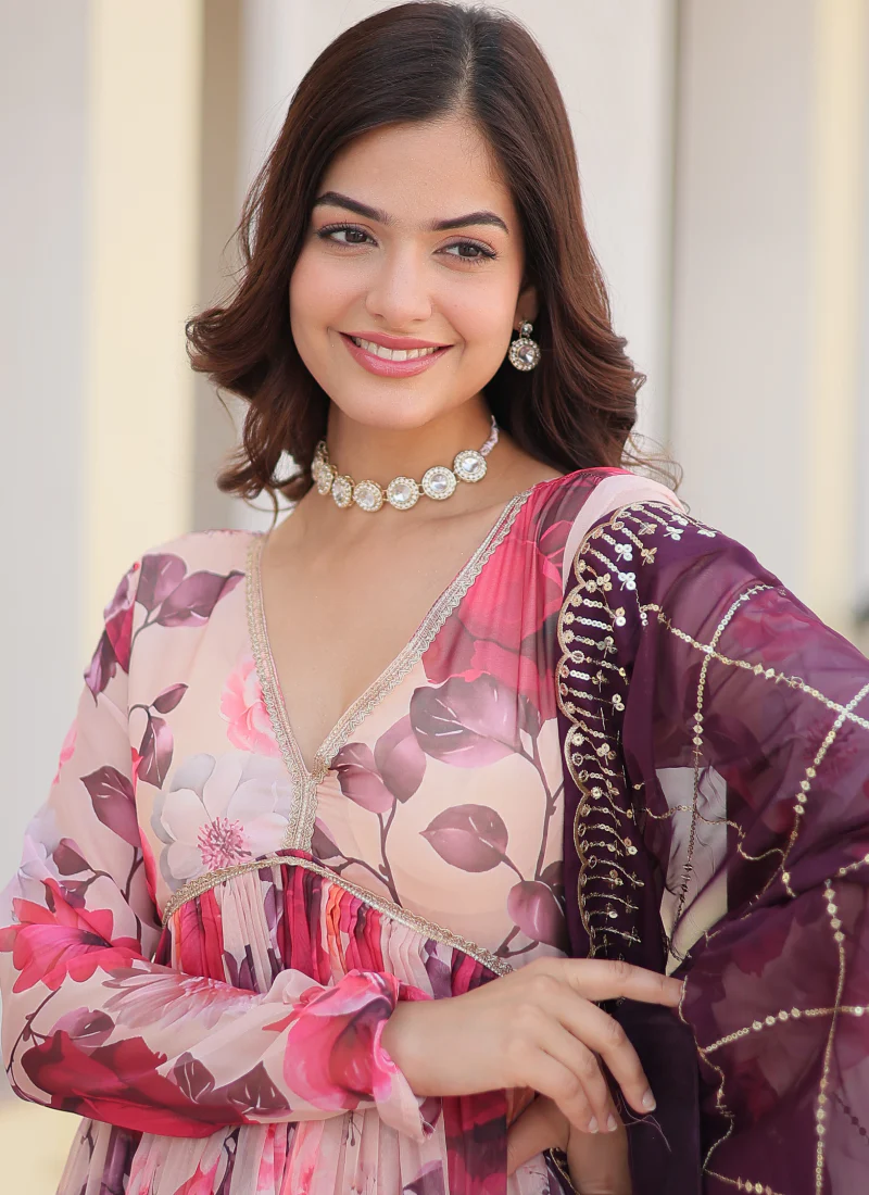 Memorable Digital Printed Silk Off White Anarkali Gown With Dupatta - Image 5