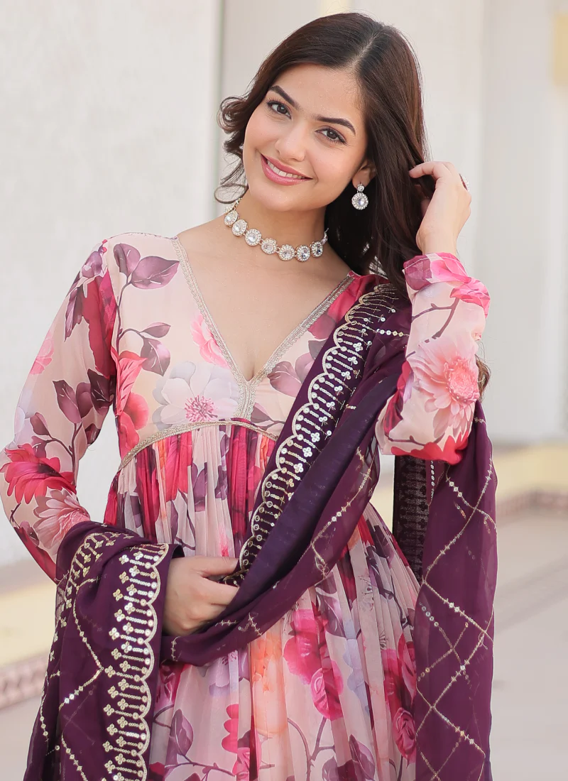 Memorable Digital Printed Silk Off White Anarkali Gown With Dupatta - Image 9