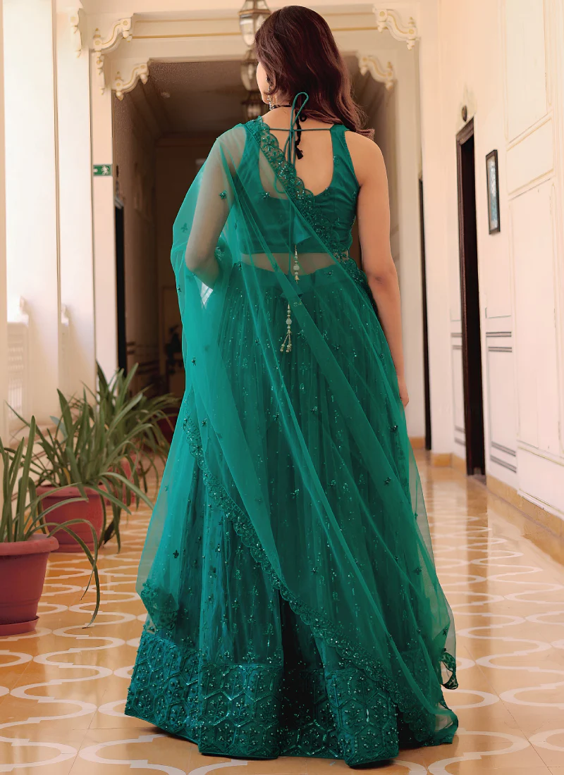 Memorable Soft Net Teal Green Sequence Embroidered Lehenga Choli Set - Image 3