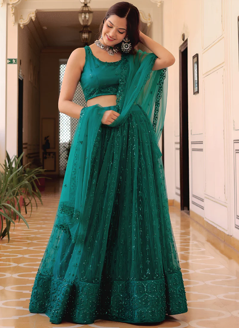 Memorable Soft Net Teal Green Sequence Embroidered Lehenga Choli Set - Image 4