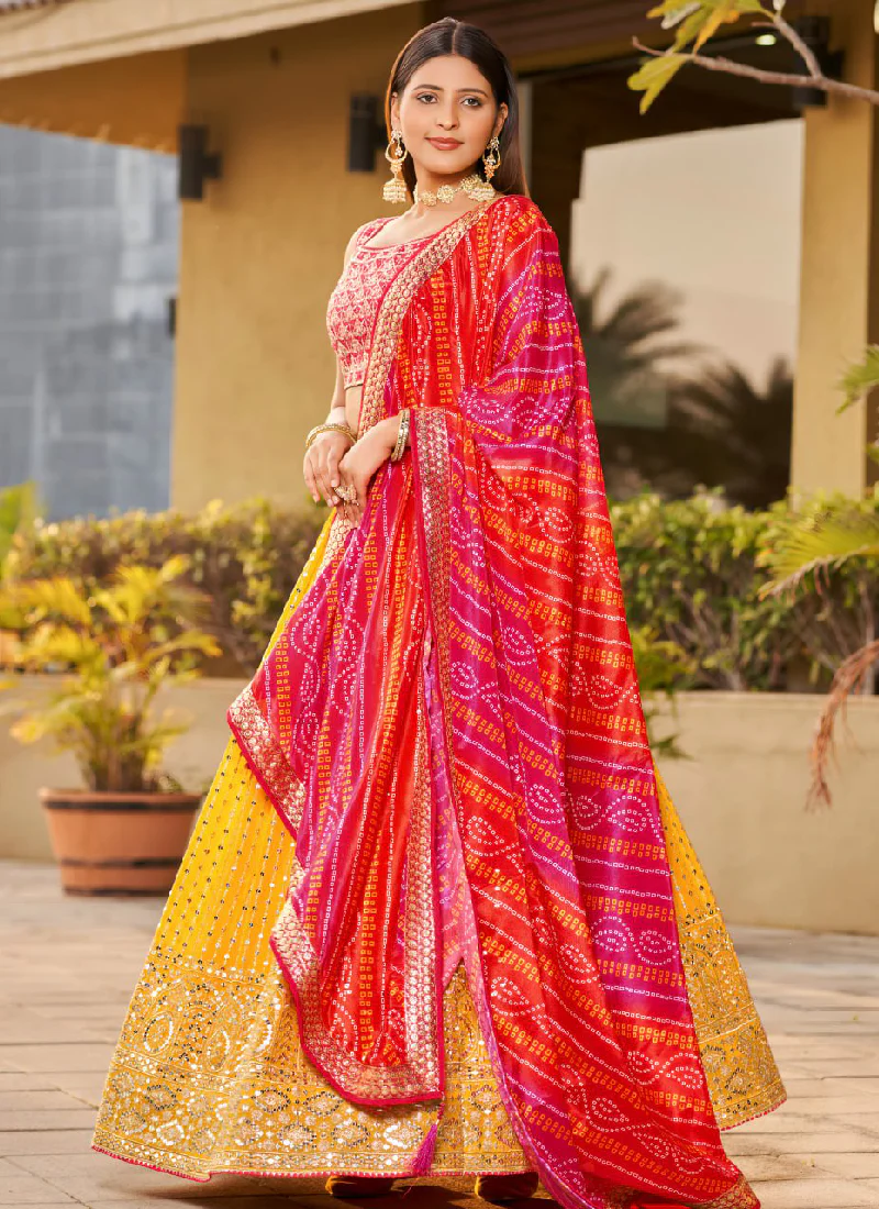 Mesmerizing Embroidered Georgette Yellow Lehenga With Pink Choli Set - Image 3