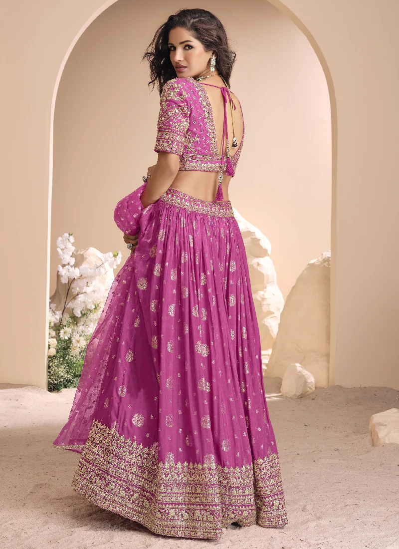 Mesmerizing Zari Embroidered Jacquard Silk Pink Lehenga Choli Set - Image 3