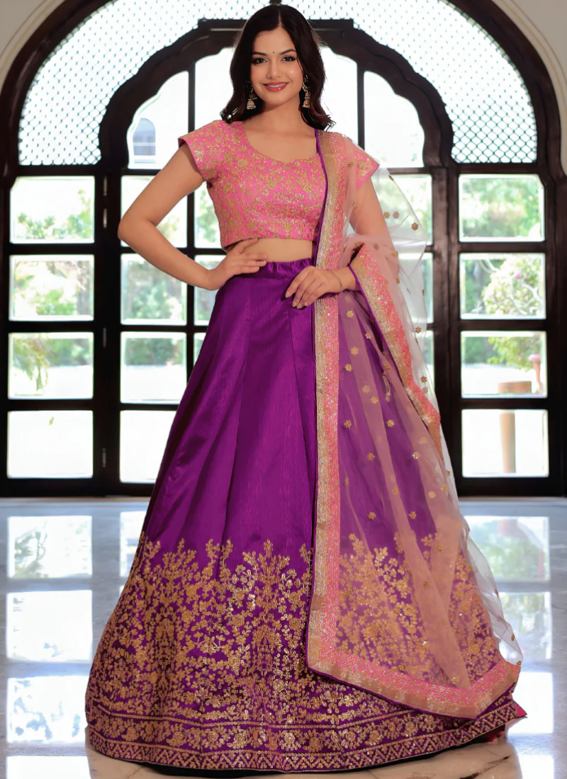 Mulberry Silk Zari Embroidered Work Purple Wedding Wear Lehenga Choli
