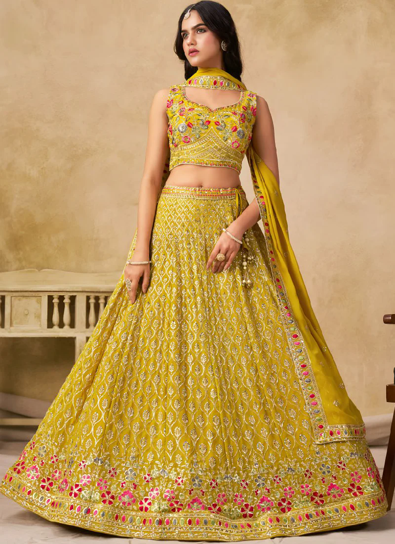 Multi Thread Embroidered Georgette Haldi Special Yellow Lehenga Choli - Image 3