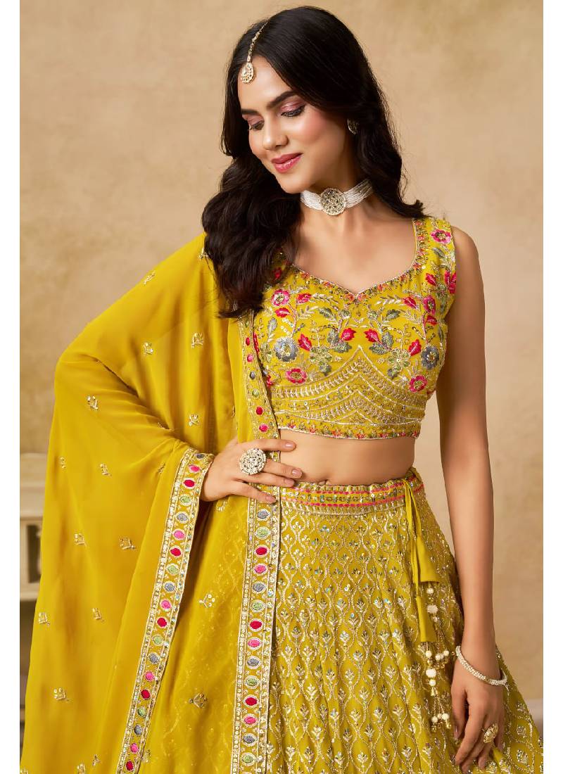 Multi Thread Embroidered Georgette Haldi Special Yellow Lehenga Choli - Image 6