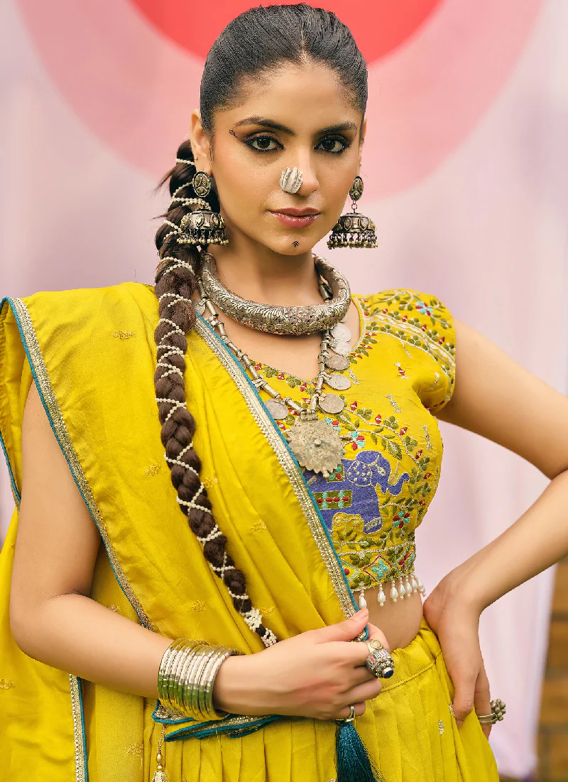 Mustard Yellow Shimmer Heavy Embroidery Work Haldi Lehenga Choli set - Image 2