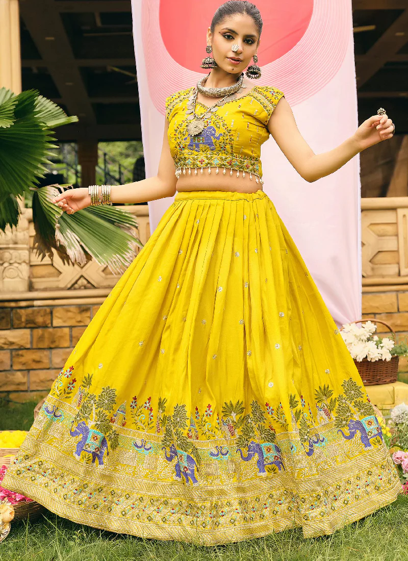 Mustard Yellow Shimmer Heavy Embroidery Work Haldi Lehenga Choli set - Image 4