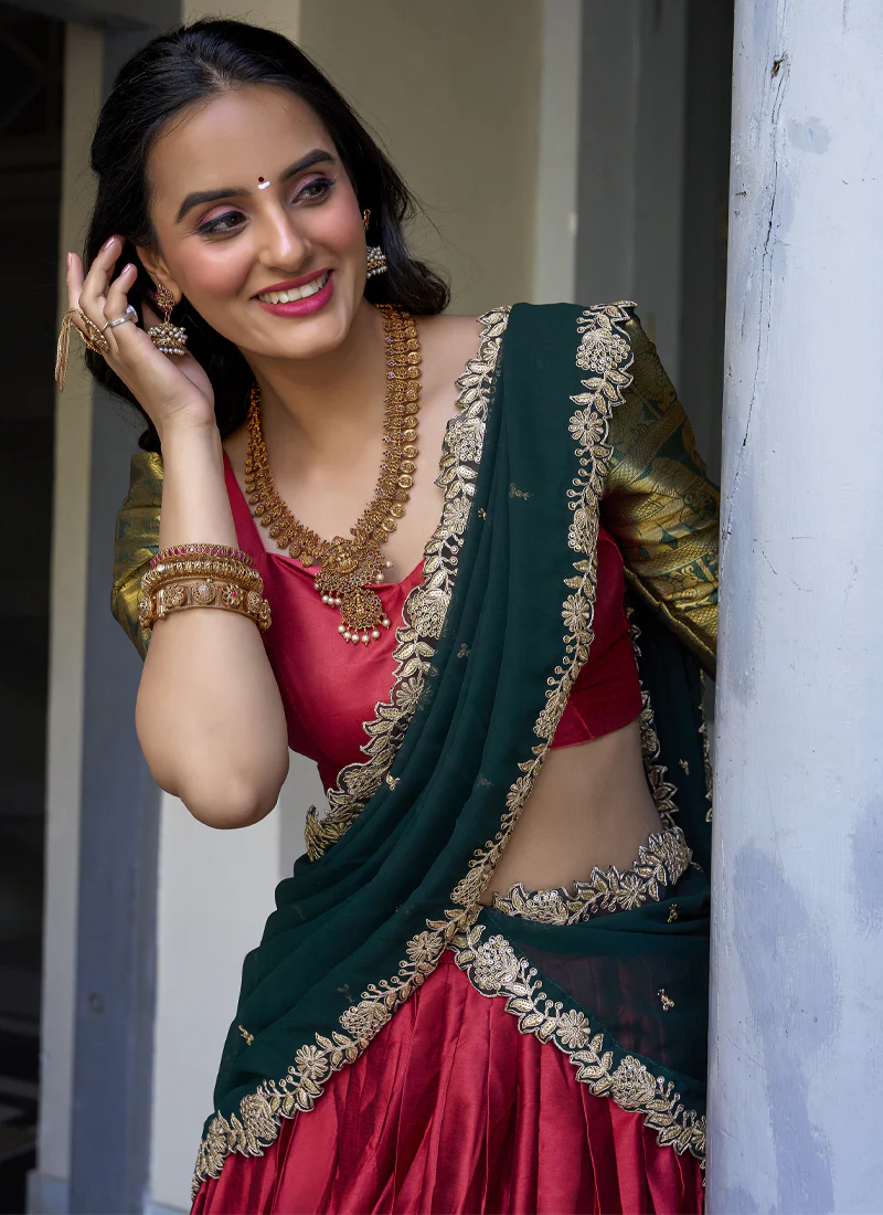 Narayan Pattu Zari Weaving Work Green And Red Half Saree Lehenga - Image 2