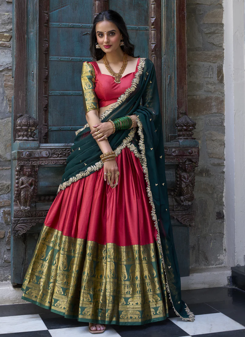 Narayan Pattu Zari Weaving Work Green And Red Half Saree Lehenga - Image 4