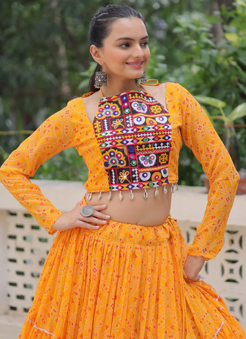 Navratri Special Bandhani Print Georgette Gamthi Work Yellow Crop Top - Image 11