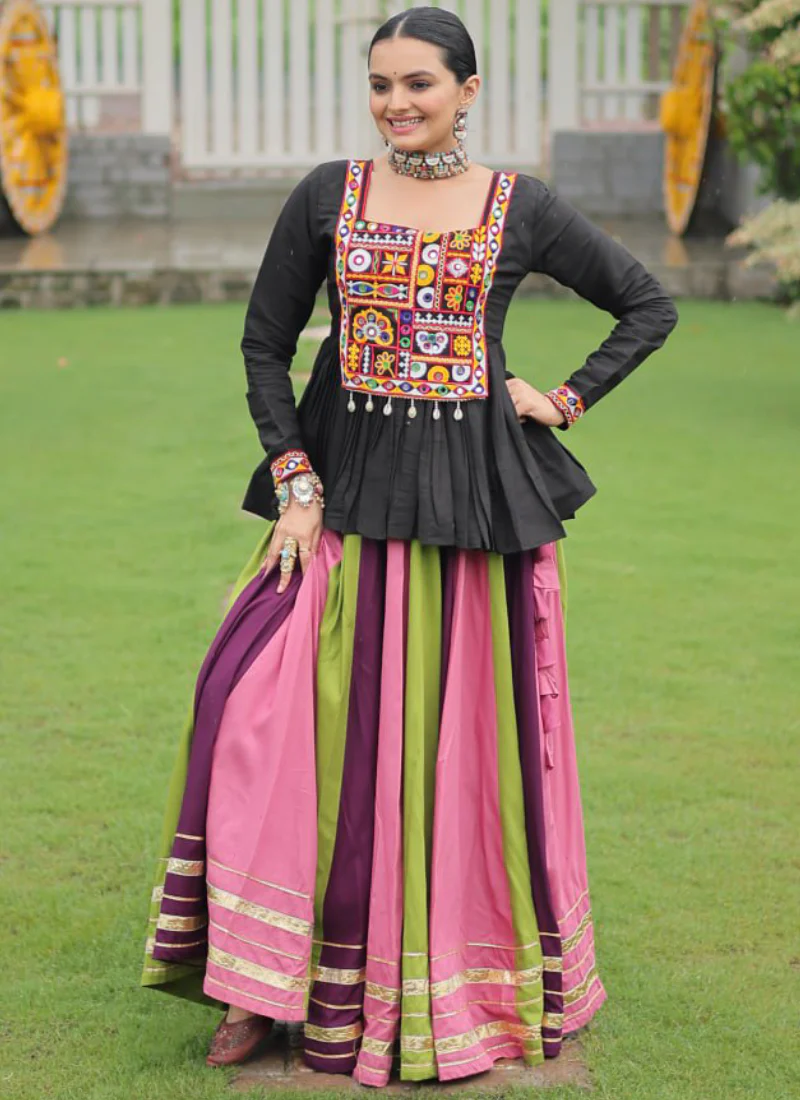 Navratri Special Multicolor Rayon Silk Gamthi Work Lehenga With Kediya - Image 3