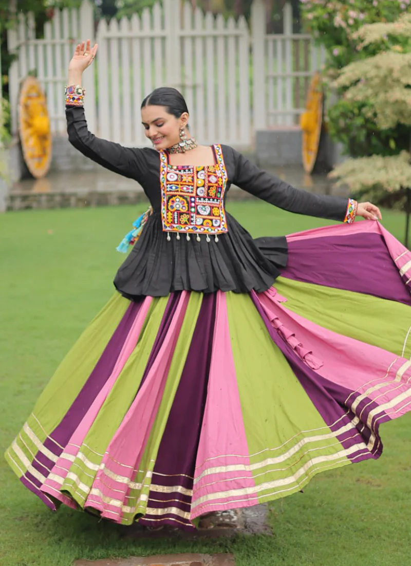 Navratri Special Multicolor Rayon Silk Gamthi Work Lehenga With Kediya - Image 4