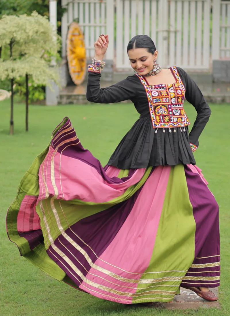 Navratri Special Multicolor Rayon Silk Gamthi Work Lehenga With Kediya - Image 5