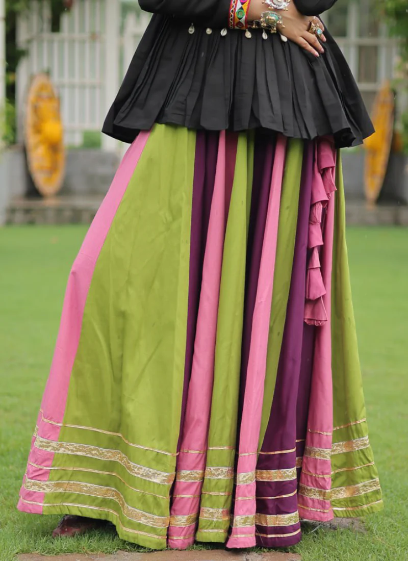 Navratri Special Multicolor Rayon Silk Gamthi Work Lehenga With Kediya - Image 9