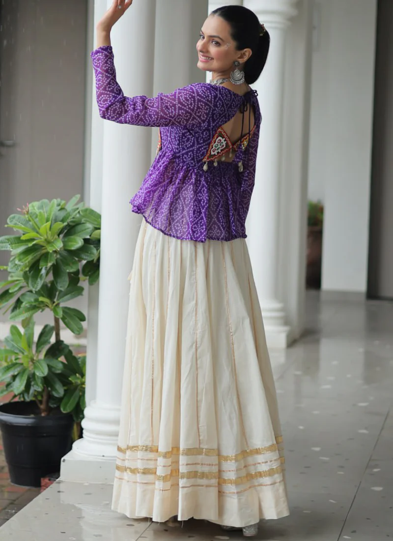 Navratri Wear Bandhani Print Gota Patti Work Cotton Beige Crop Top - Image 10