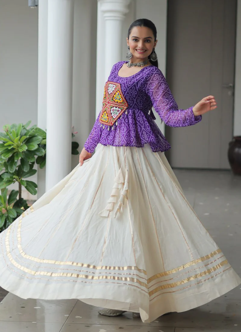 Navratri Wear Bandhani Print Gota Patti Work Cotton Beige Crop Top - Image 8