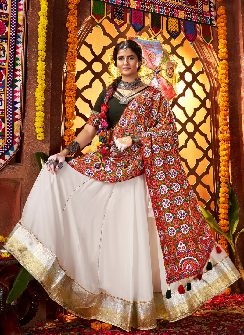 Navratri Wear Gota Patti Border Silk White Chaniya Choli With Dupatta - Image 8