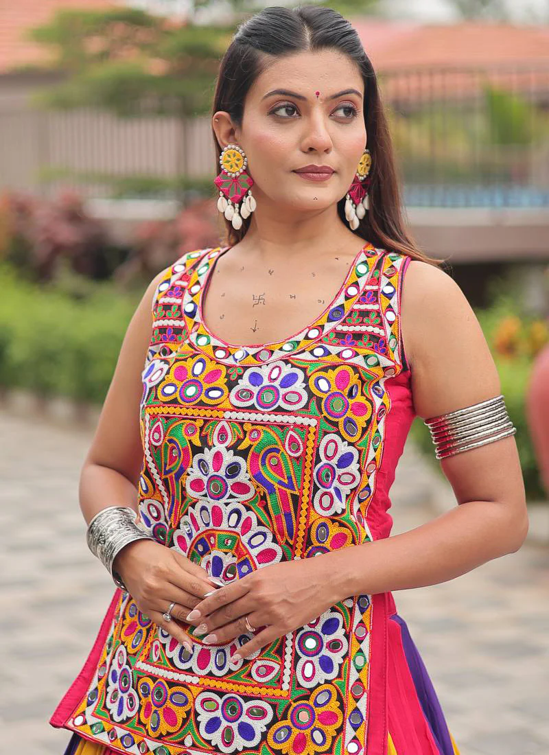 Navratri Wear Multi Color Gamthi Real Mirror Work Cotton Lehenga Choli - Image 12