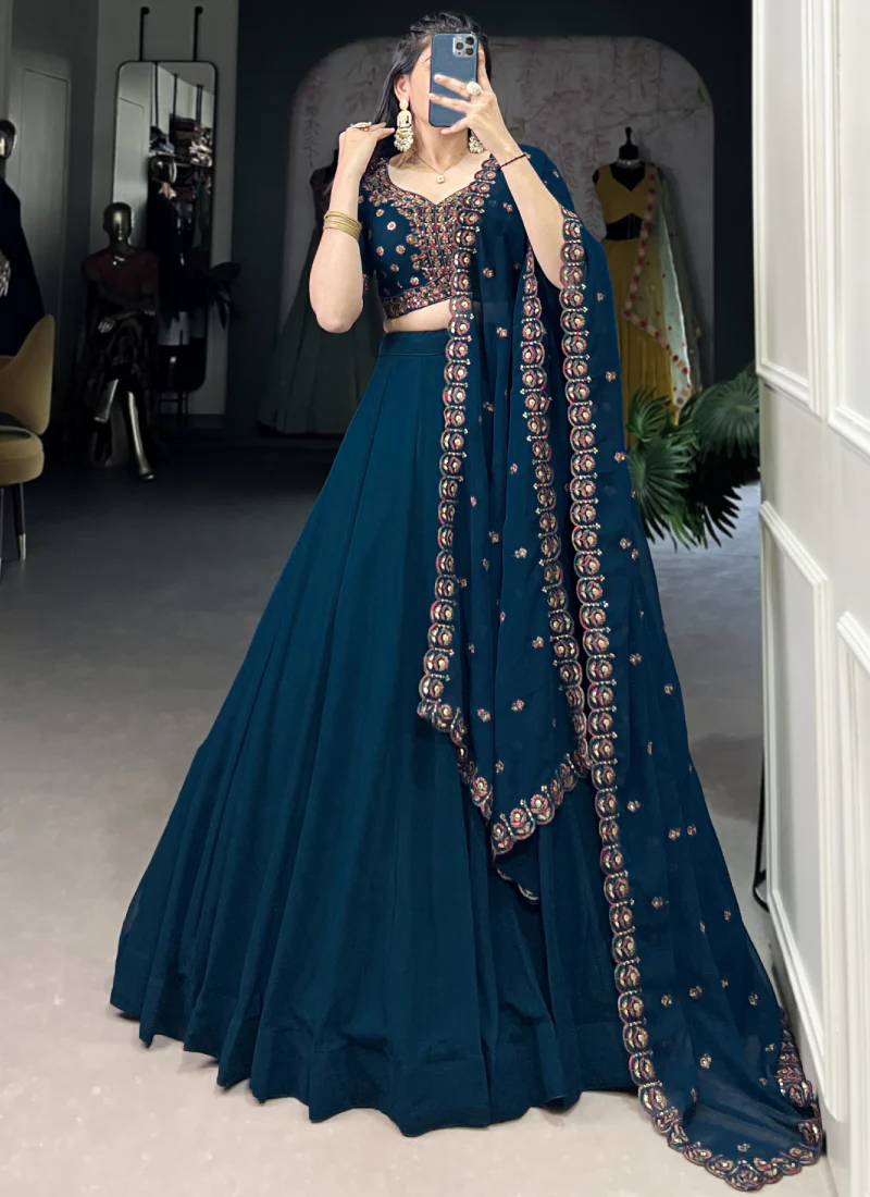 Navy Blue Georgette Plain Lehenga With Thread Embroidered Blouse - Image 4