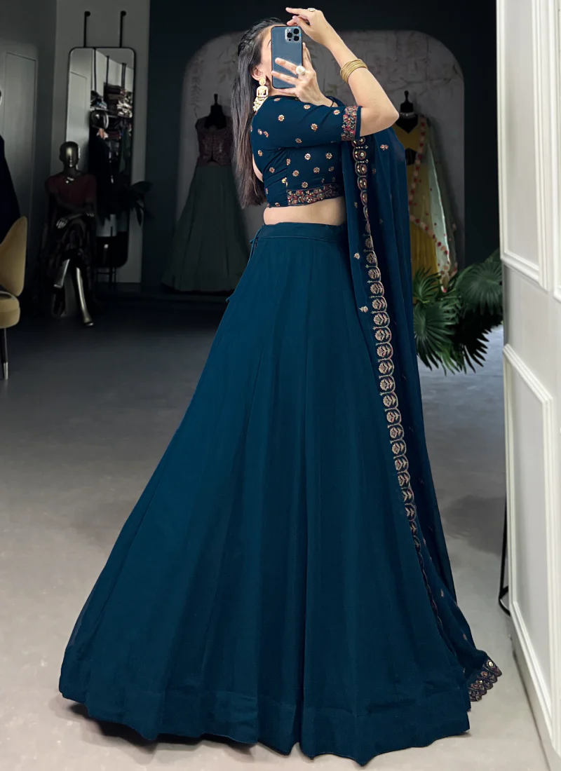 Navy Blue Georgette Plain Lehenga With Thread Embroidered Blouse - Image 5