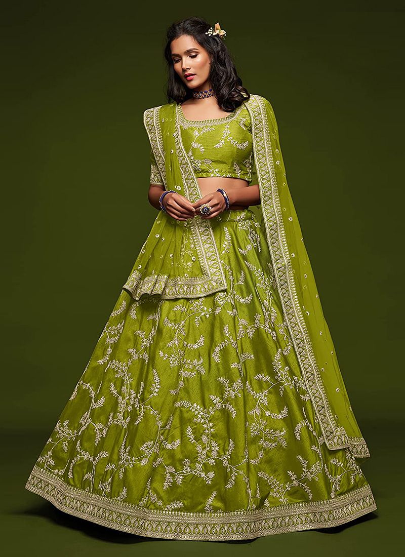 Neon Green Art Silk Lehenga Choli Dupatta Set - Image 2