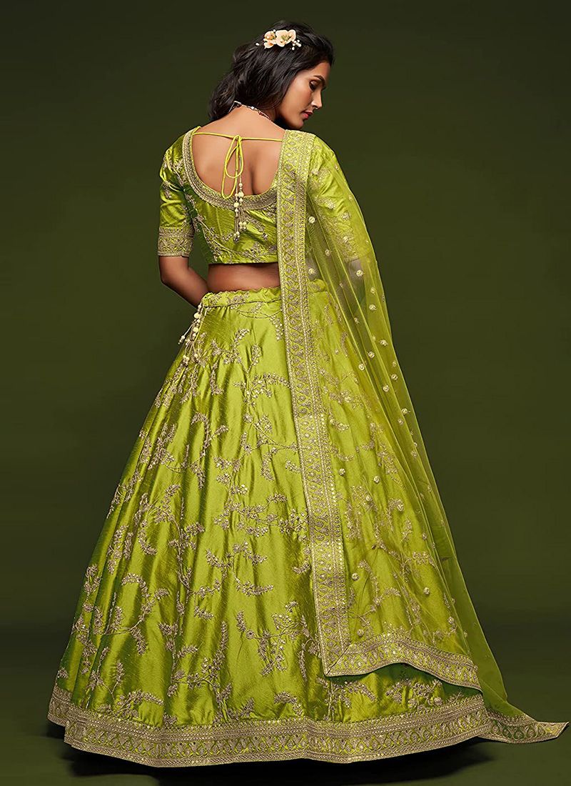 Neon Green Art Silk Lehenga Choli Dupatta Set - Image 3
