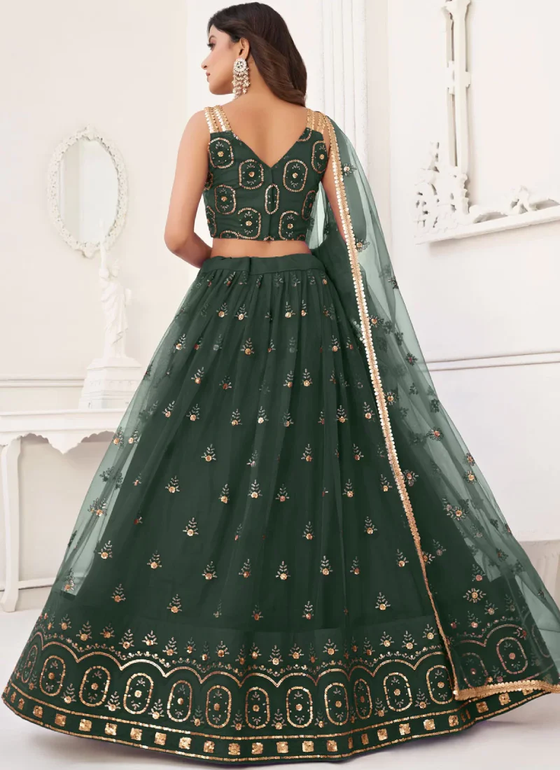 Net Embroidered Dark Green Lehenga Choli For Mehendi Function - Image 3