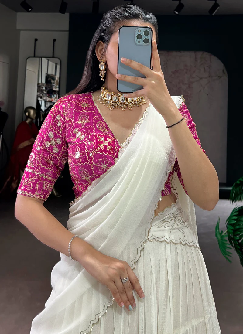 Off White Gota Patti Lace Border Marble Silk Ruffle Style Lehenga Choli - Image 2