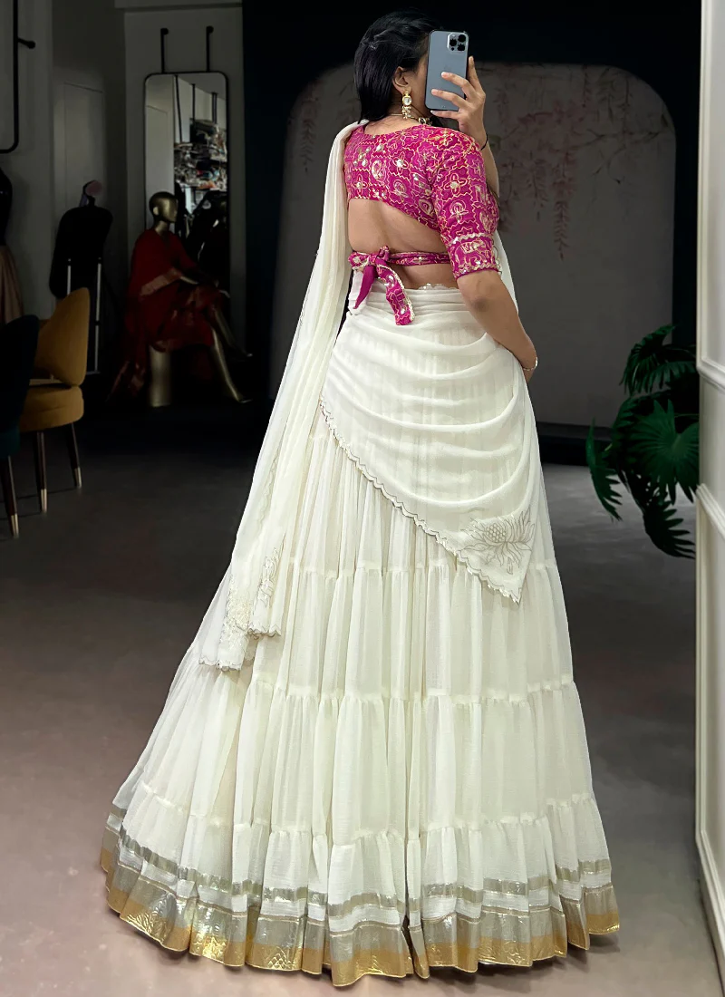 Off White Gota Patti Lace Border Marble Silk Ruffle Style Lehenga Choli - Image 6