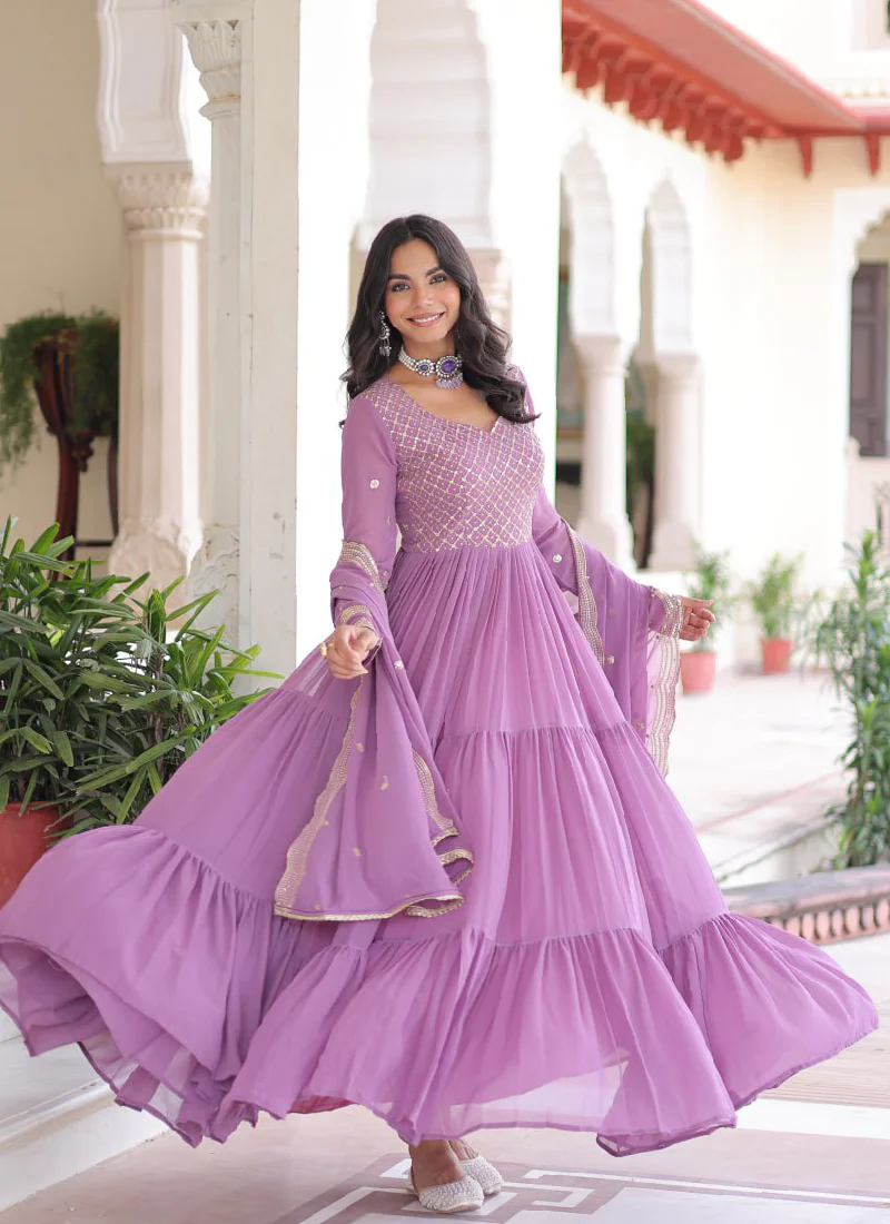 Onion Pink Georgette Embroidered Work Designer Long Gown With Dupatta - Image 5