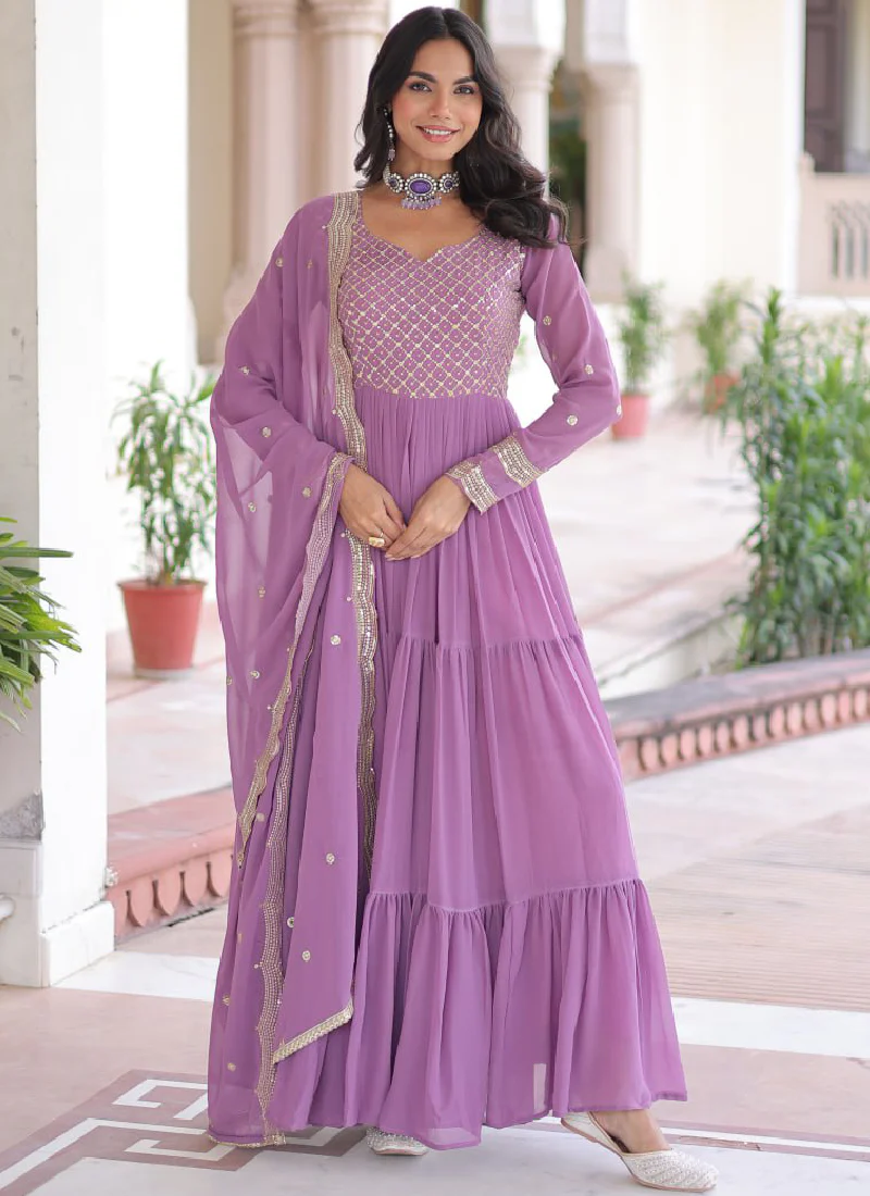 Onion Pink Georgette Embroidered Work Designer Long Gown With Dupatta - Image 6