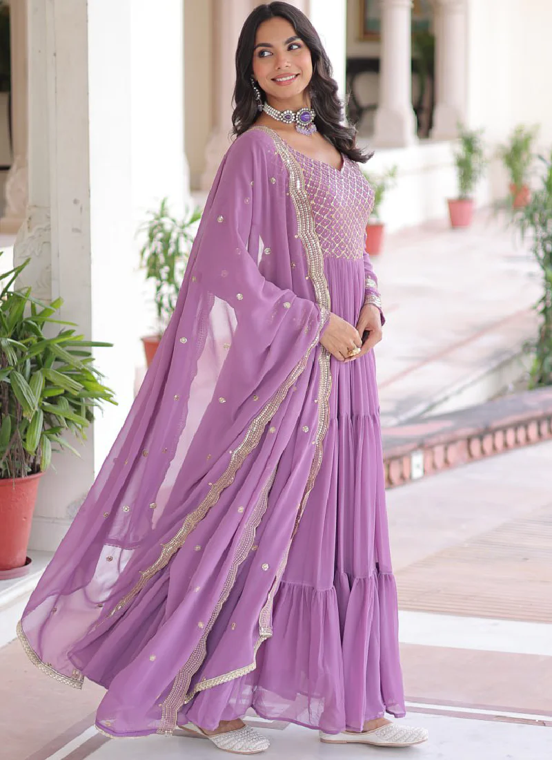 Onion Pink Georgette Embroidered Work Designer Long Gown With Dupatta - Image 7