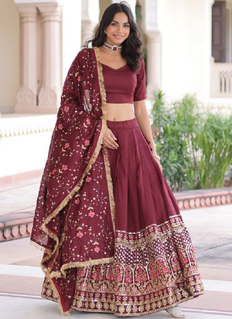 Outstanding Vichitra Silk Thread Embroidered Maroon Lehenga Choli Set - Image 11