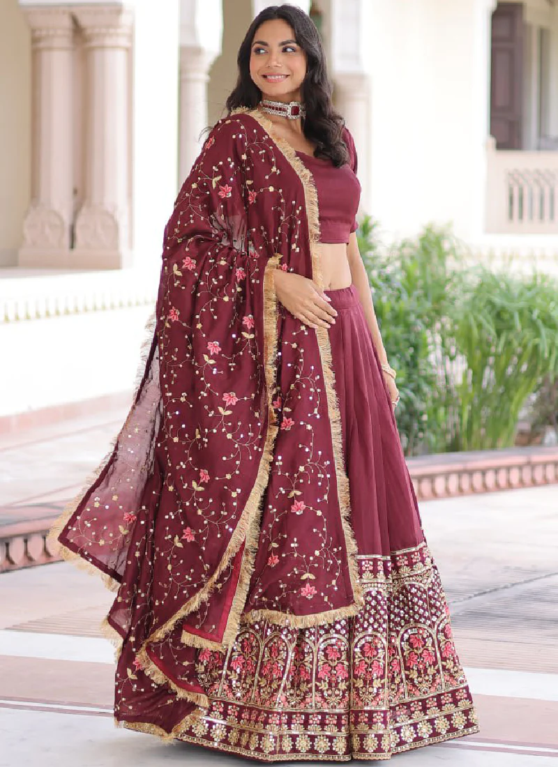 Outstanding Vichitra Silk Thread Embroidered Maroon Lehenga Choli Set - Image 12