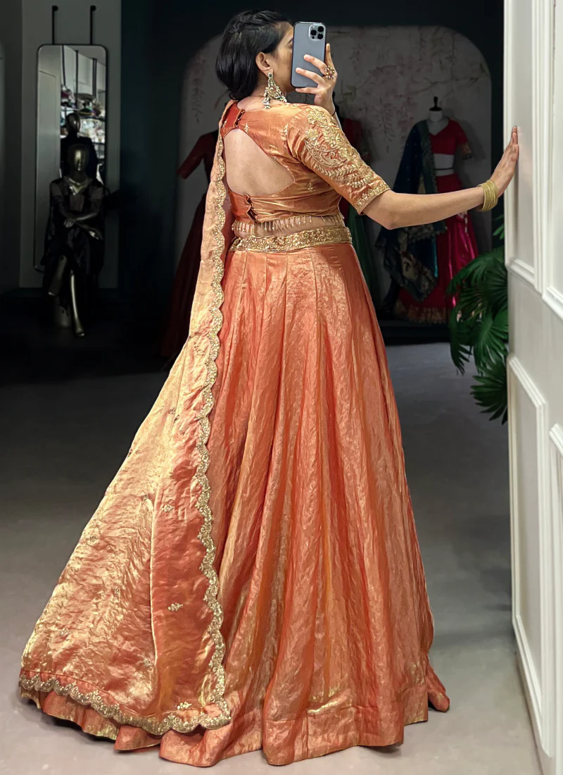 Party Wear Designer Sequence Embroidery Work Organza Orange Lehenga - Image 6
