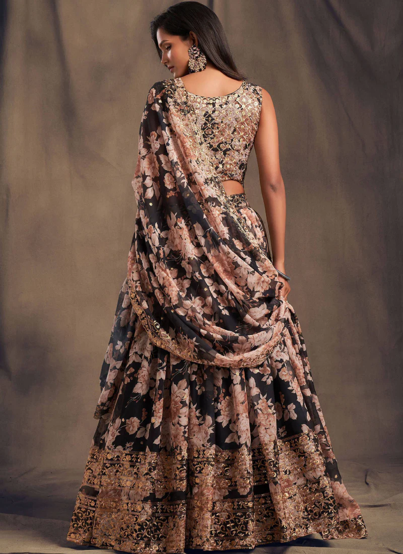 Party Wear Sequence Work Organza Floral Printed Lehenga Choli - Image 3