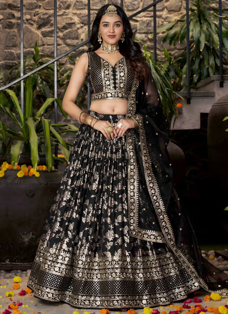 Party Wear Zari Weaving Embroidered Jacquard Silk Black Lehenga Choli
