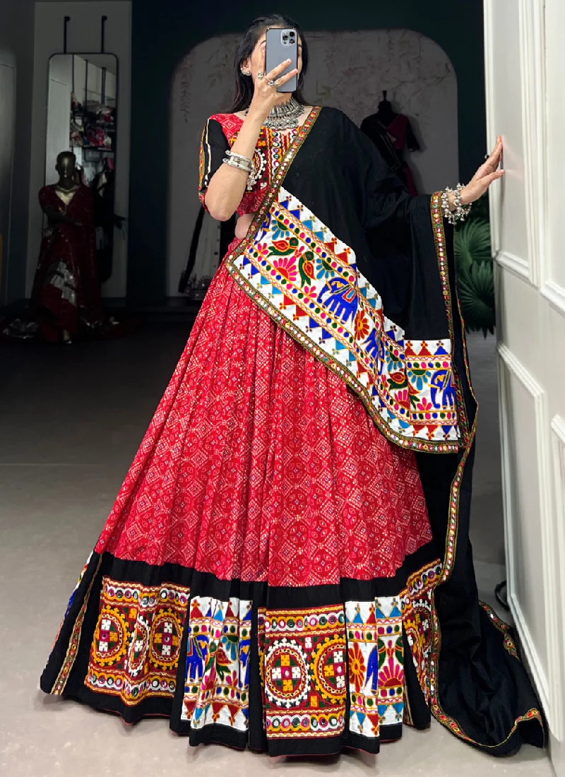 Patola Printed Gamthi Work Navratri Special Cotton Red Ghagra Choli - Image 3