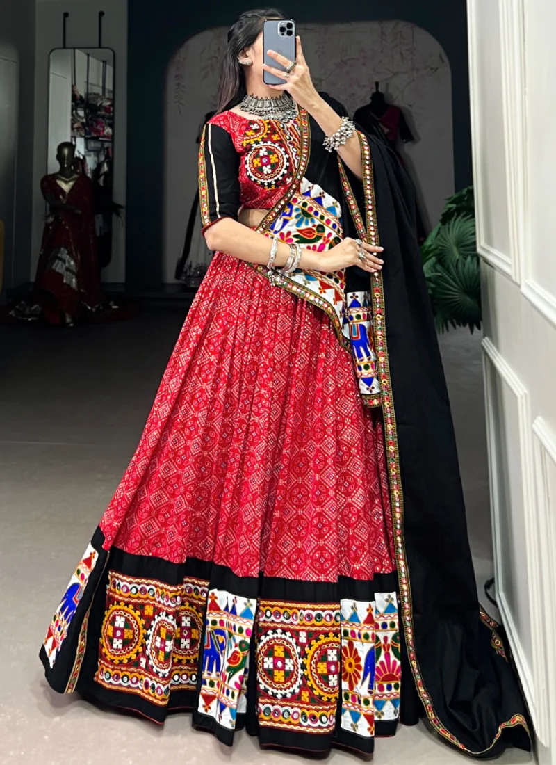 Patola Printed Gamthi Work Navratri Special Cotton Red Ghagra Choli - Image 4